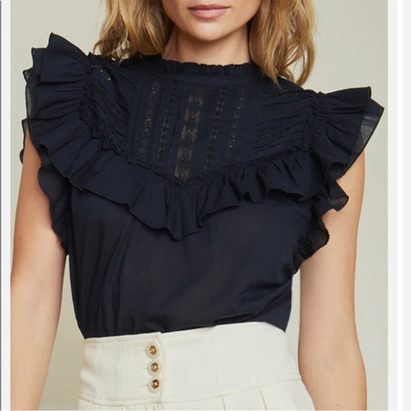 VERONICA BEARD Tamsyn navy ruffled top - Picture 3 of 11